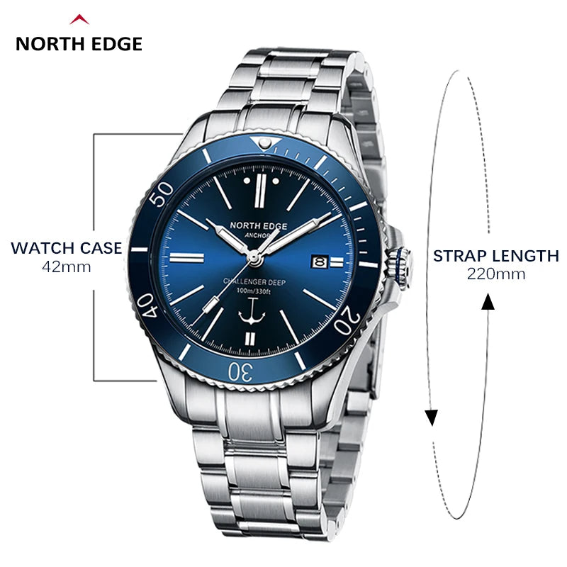 North Edge ANCHOR Mechanical Watch for Men – Robust Stainless Steel, 50M Waterproof