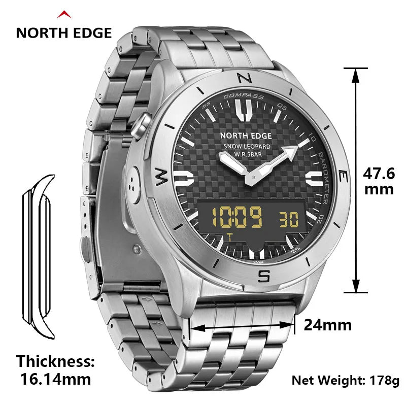 North Edge Snow Leopard Men's Sports Digital Watch – Alloy Case, Stainless Steel Strap, 50M Waterproof