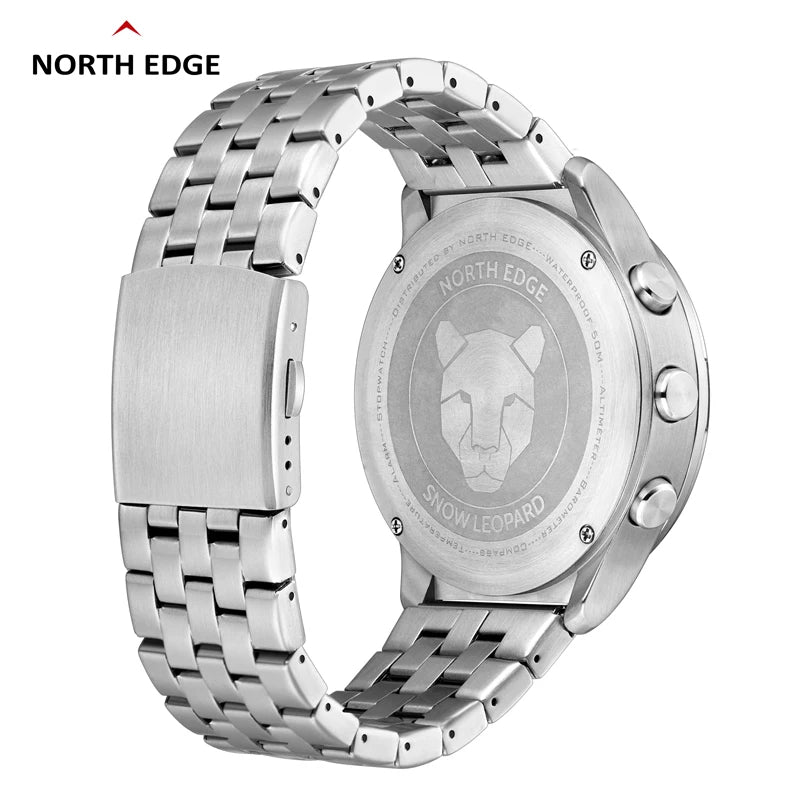 North Edge Snow Leopard Men's Sports Digital Watch – Alloy Case, Stainless Steel Strap, 50M Waterproof