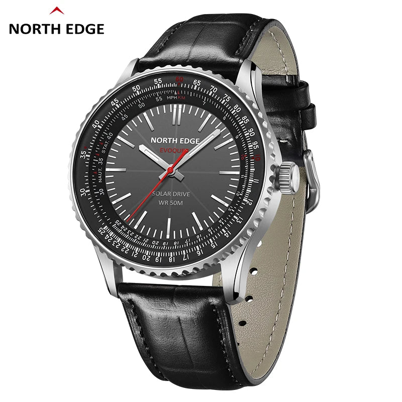 North Edge EVOQUE 3 Men’s Military Aviation Solar Watch – Luminous Stainless Steel Case & Leather Strap