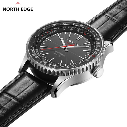 North Edge EVOQUE 3 Men’s Military Aviation Solar Watch – Luminous Stainless Steel Case & Leather Strap